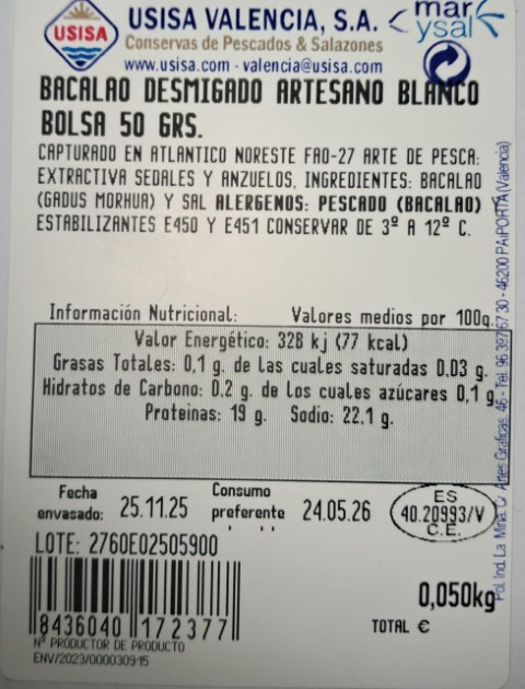BACALAO DESMIGADO BLANCO ARTESANO 50 GRS. ''NORUEGA''
