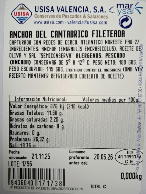 ANCHOA CANTABRICO 180gr. 25 FIL. Aprox. OLIVA ORO