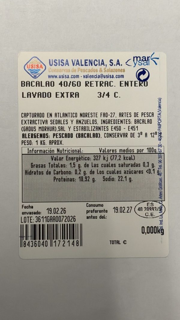 BACALAO 40/60 RETRÁCTIL ENTERO ''NORUEGA''