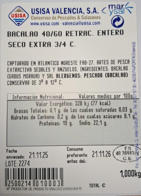 BACALAO DESMIGADO EXTRA BLANCO 3/4 C BANDEJA 1 KG