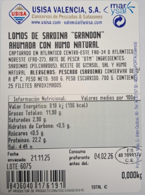 SARDINA LOMO GRANDON AHUMADA (HUMO NATURAL) ACEITE GIRASOL TARRINA 700 GRS.