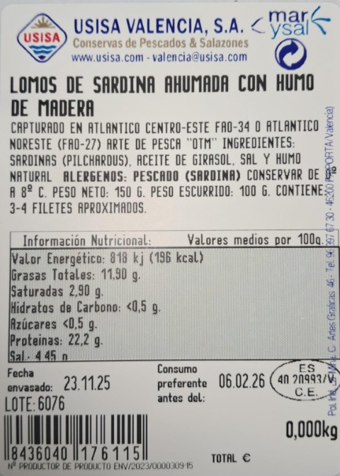 SARDINA LOMOS AHUMADA (humo natural) 100g. esc. AC.GIRASOL