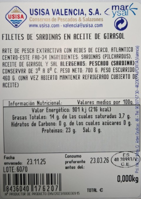 SARDINA SALAZON  TARRINA  460 grs.escur.  GIRASOL fileteada