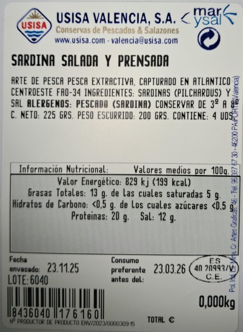 SARDINA SALAZÓN PRENSADA BANDEJA 200 grs. 4 Uds.