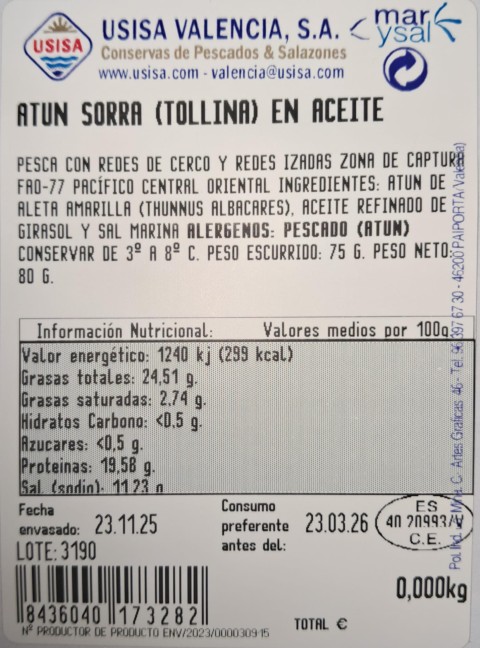 ATUN SORRA BANDEJA 75 Gr. AC. GIRASOL