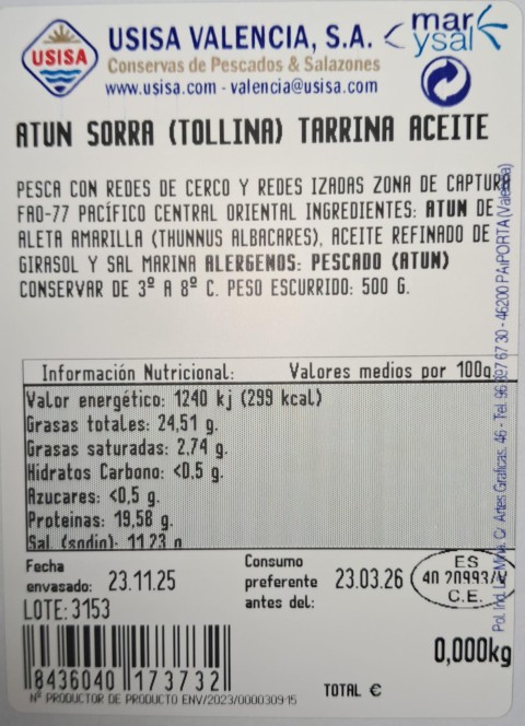 ATUN SORRA LONCHEADA  TARRINA 500 GRS. ESC. AC. GIRASOL LONCHEADA