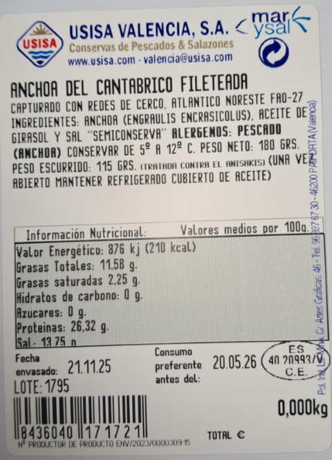 ANCHOA CANTABRICO 180gr. 25 FIL. Aprox. GIRASOL ORO