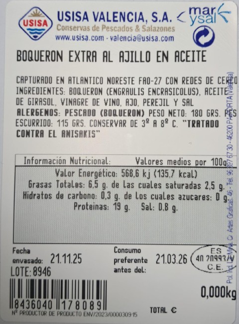 etiqueta boqueron 180 g (Pequeña) BOQUERON EXTRA AL AJILLO 180 GRS. 25 FILETES APROX.