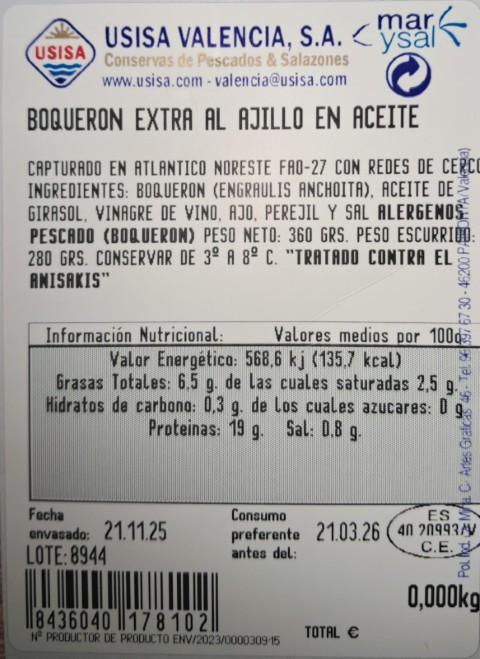 etiqueta boqueron 360 (Pequeña) BOQUERON EXTRA AL AJILLO 380 GRS. 50 FILETES APROX.