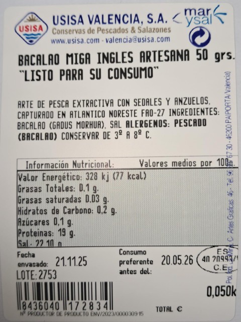 BACALAO DESMIGADO INGLES ARTESANO 50 GRS.