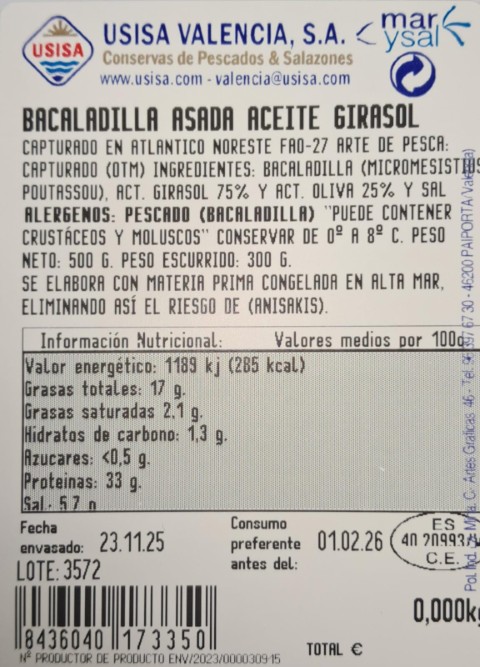 BACALADILLA ASADA DESMIGADA (CAPELLAN)300 Gr. ACEITE