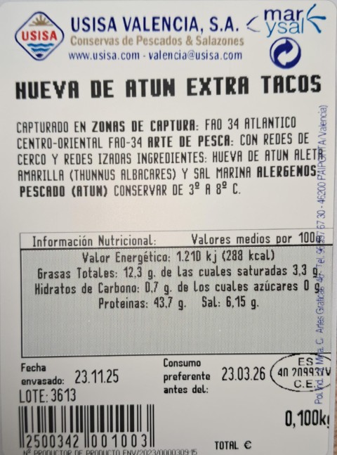 HUEVA DE ATUN EXTRA TACO 100 Gr. Aprox.