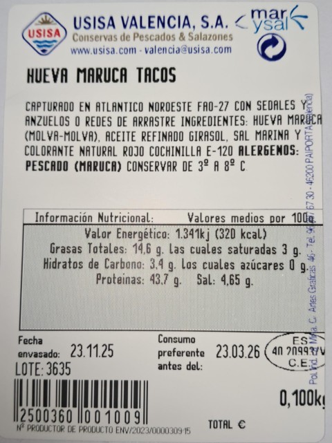 HUEVA DE MARUCA TACO 100 GR. APROX,