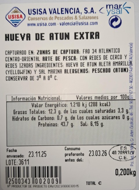 HUEVA DE ATUN EXTRA PIEZA AL VACIO 200 GRS.APROX.